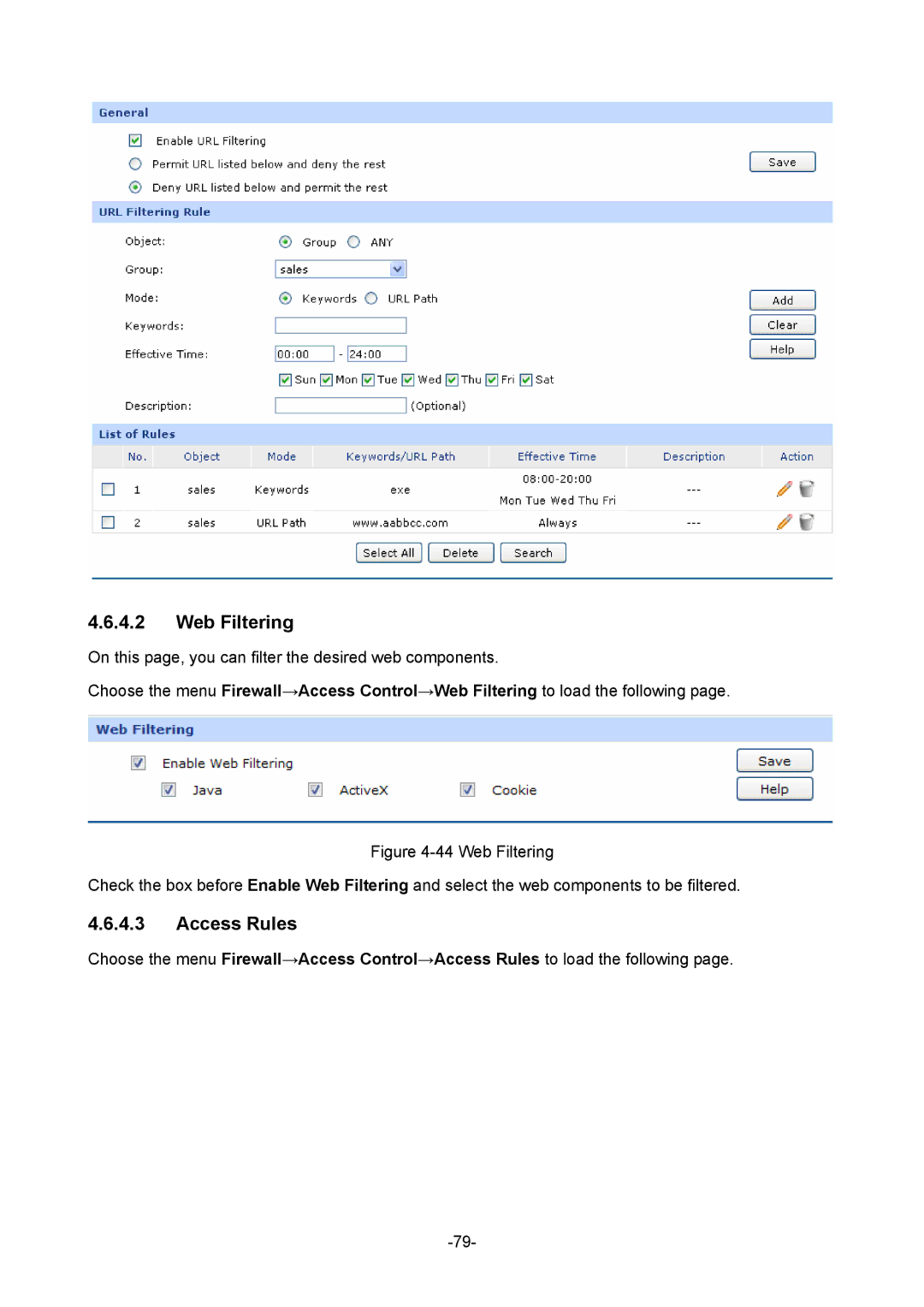 TP-Link 1910010933 manual Web Filtering, Access Rules 