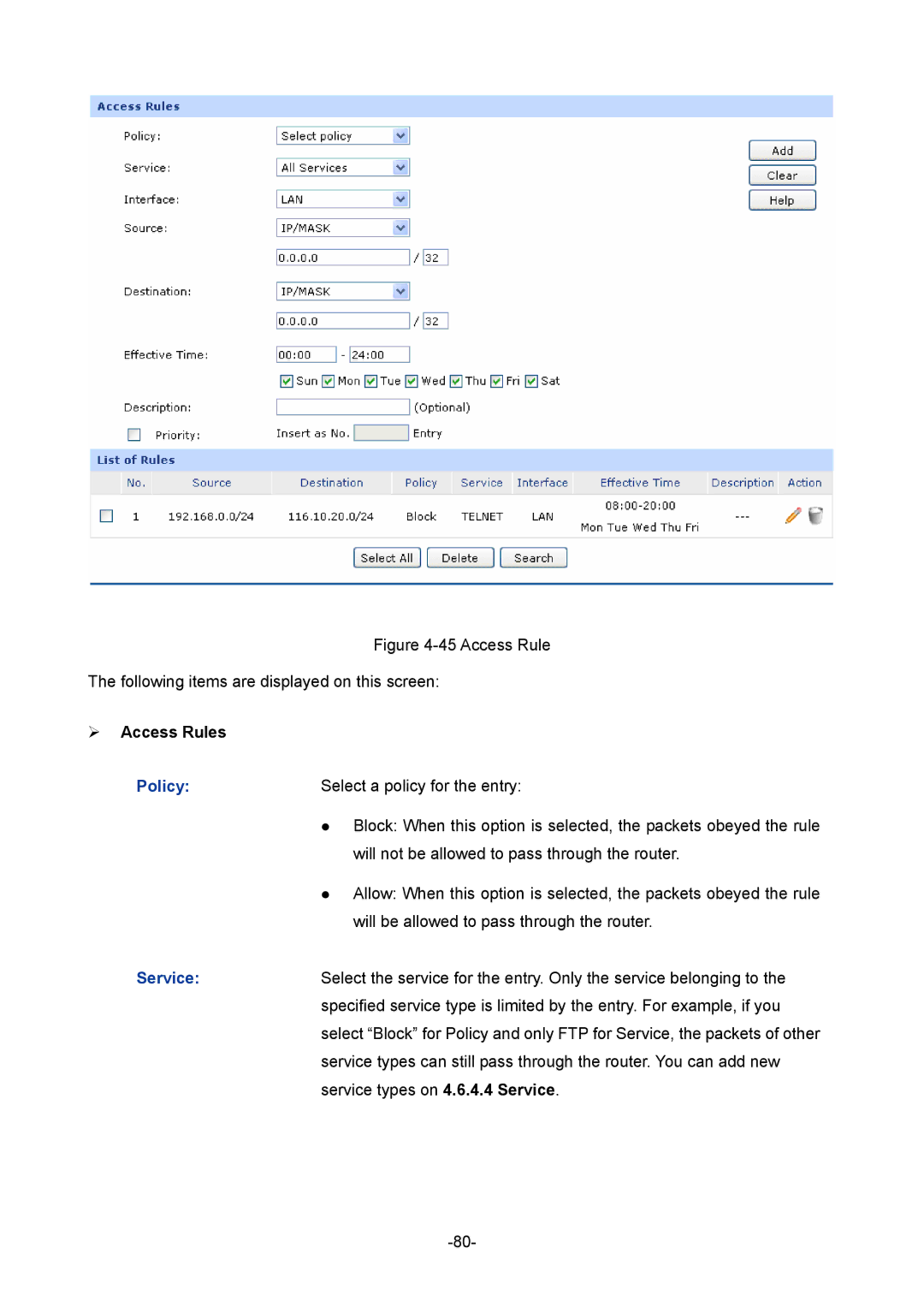 TP-Link 1910010933 manual ¾ Access Rules, Policy, Service 