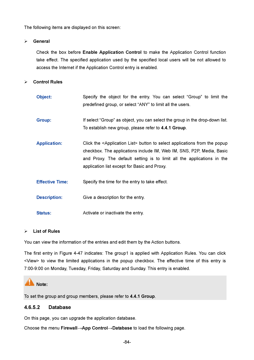 TP-Link 1910010933 manual Database, ¾ Control Rules, Application 