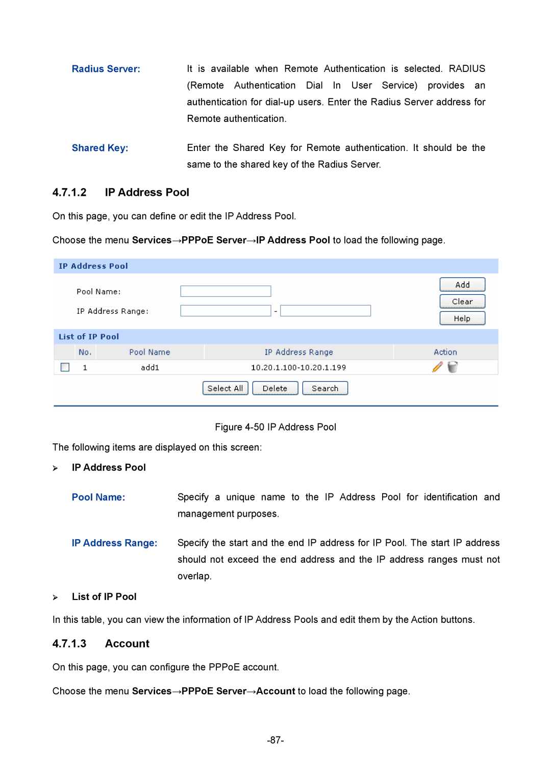 TP-Link 1910010933 manual Account, ¾ IP Address Pool, ¾ List of IP Pool 