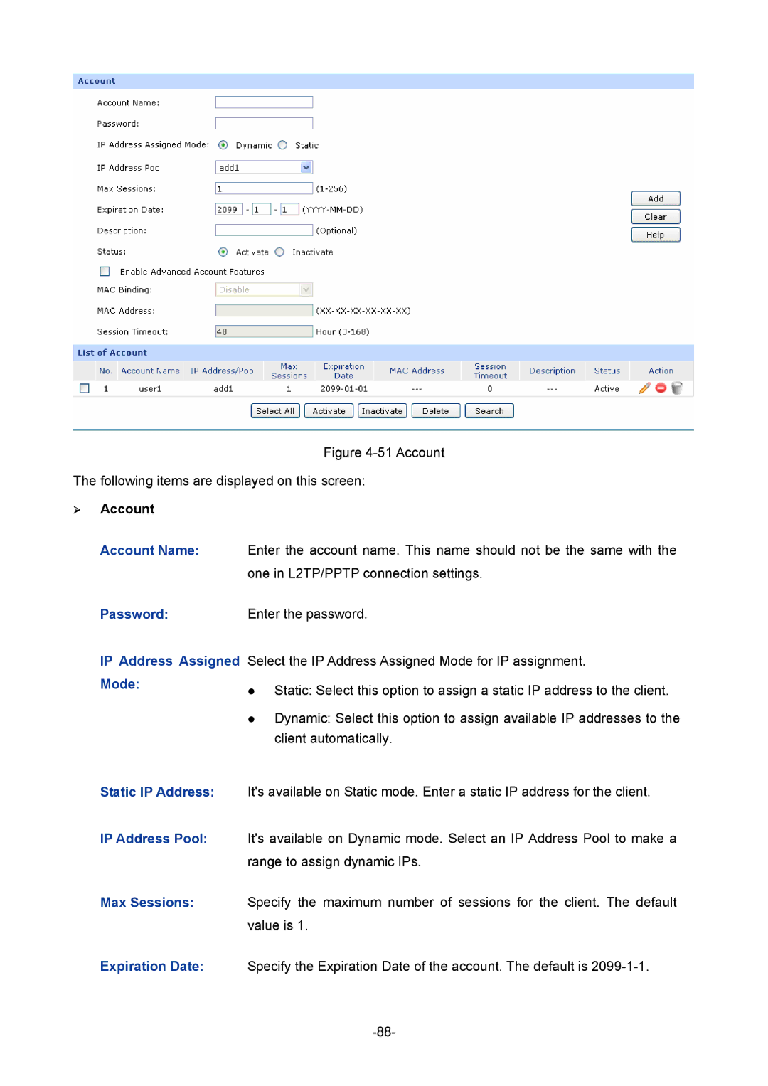 TP-Link 1910010933 manual Account Following items are displayed on this screen, ¾ Account 