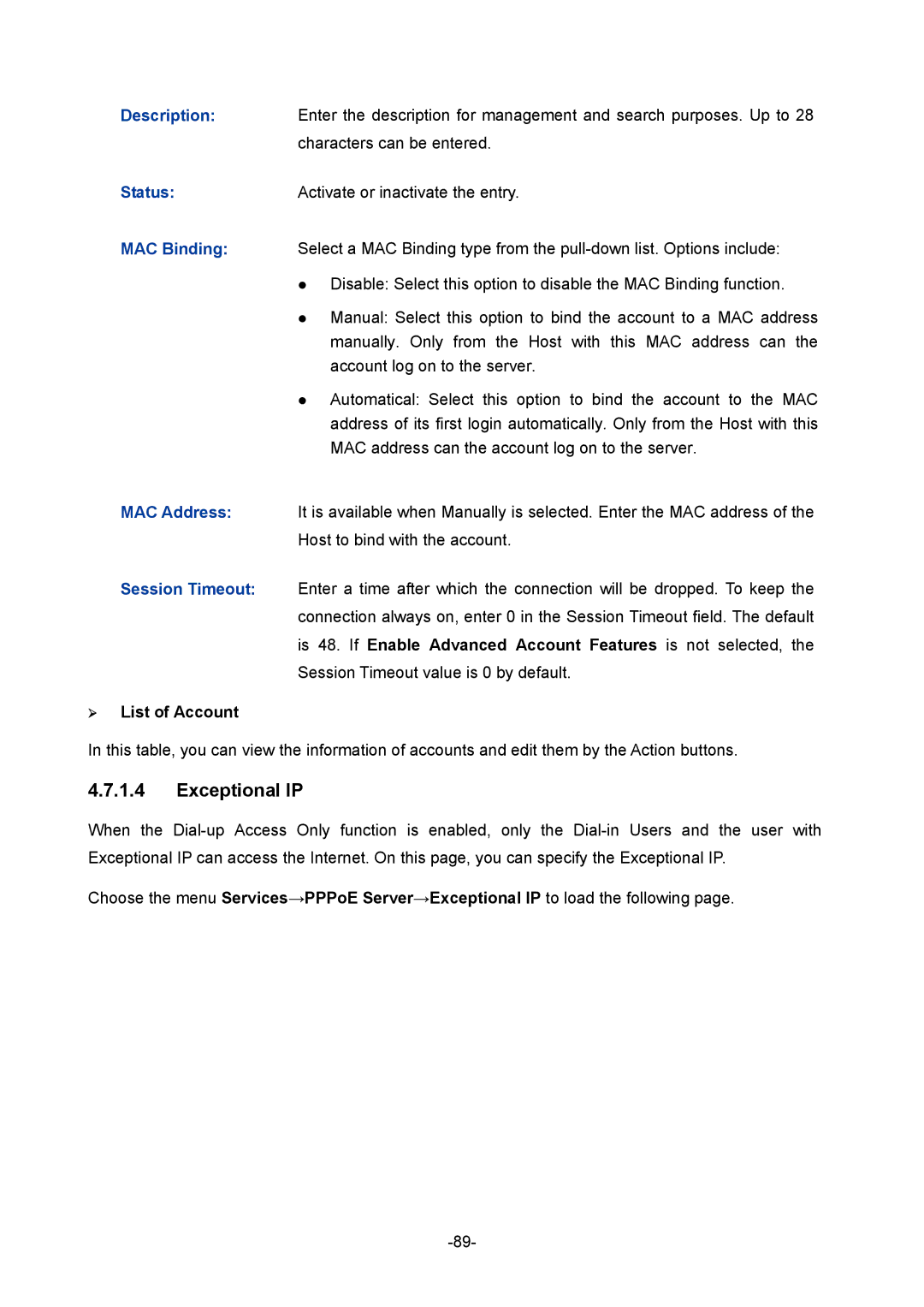 TP-Link 1910010933 manual Exceptional IP, Is 48. If Enable Advanced Account Features is not selected, ¾ List of Account 