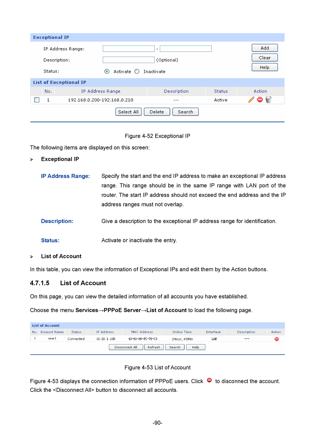 TP-Link 1910010933 manual List of Account, ¾ Exceptional IP 