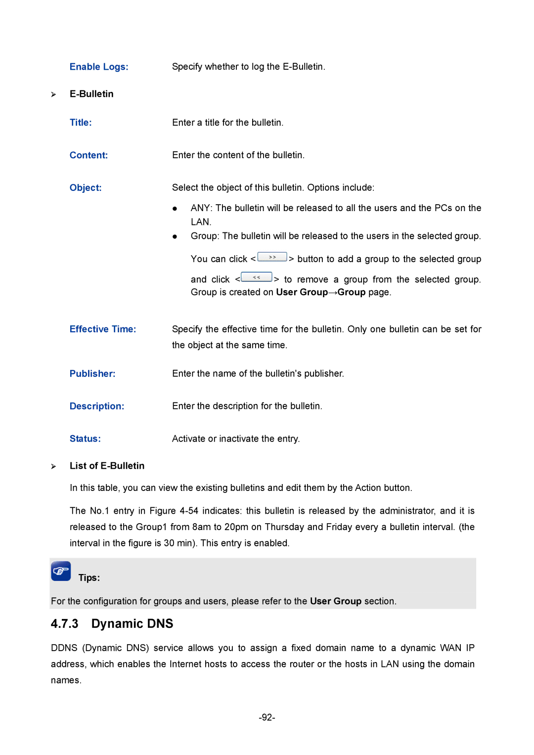 TP-Link 1910010933 manual Dynamic DNS, Enable Logs, Title, Content, Publisher 