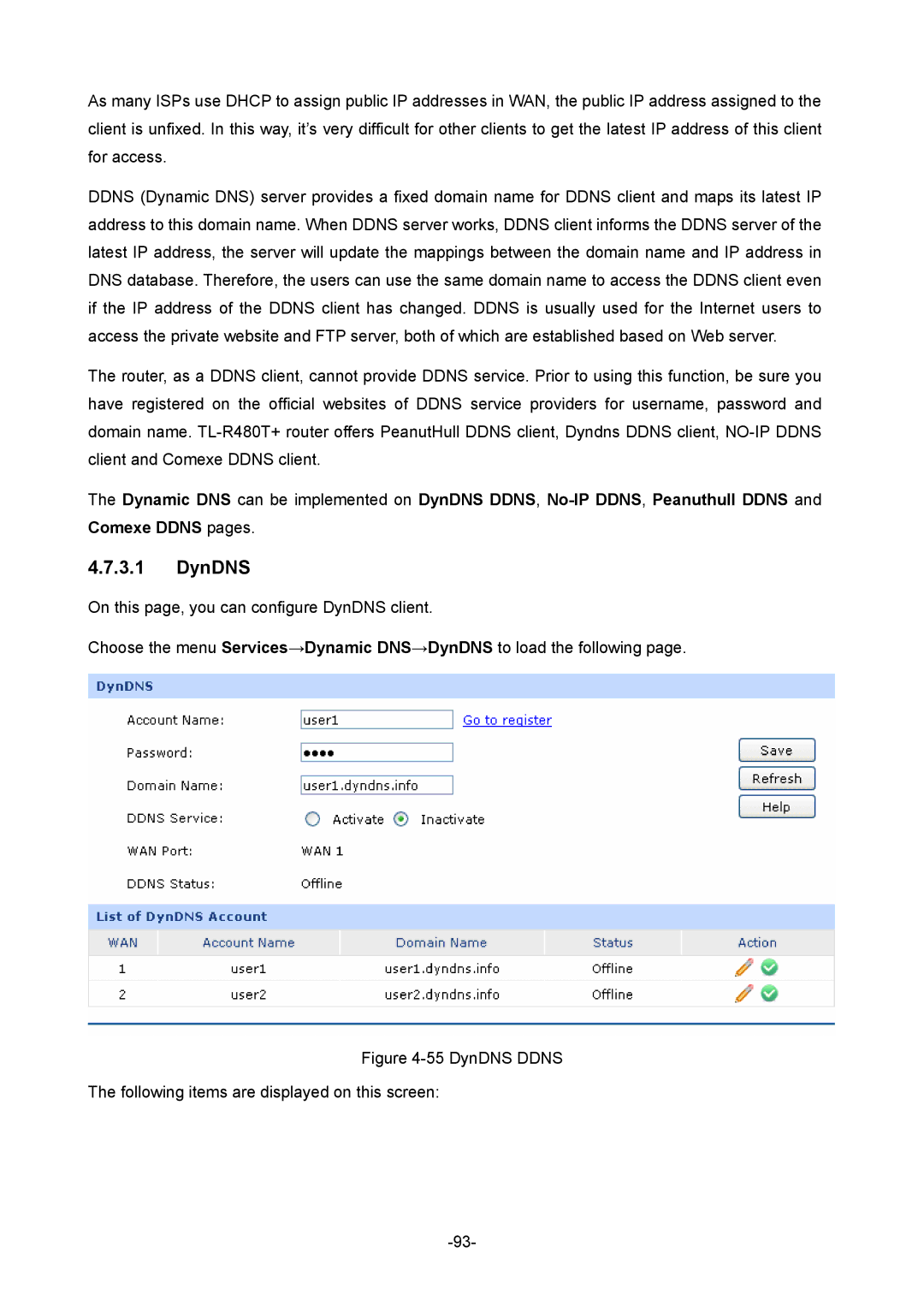 TP-Link 1910010933 manual DynDNS Ddns Following items are displayed on this screen 