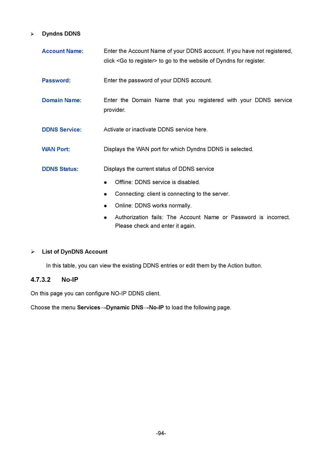 TP-Link 1910010933 manual No-IP, ¾ Dyndns Ddns, ¾ List of DynDNS Account 