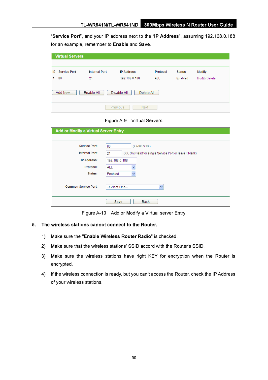 TP-Link 4.1.1 1910011002 manual Figure A-9 Virtual Servers, Wireless stations cannot connect to the Router 