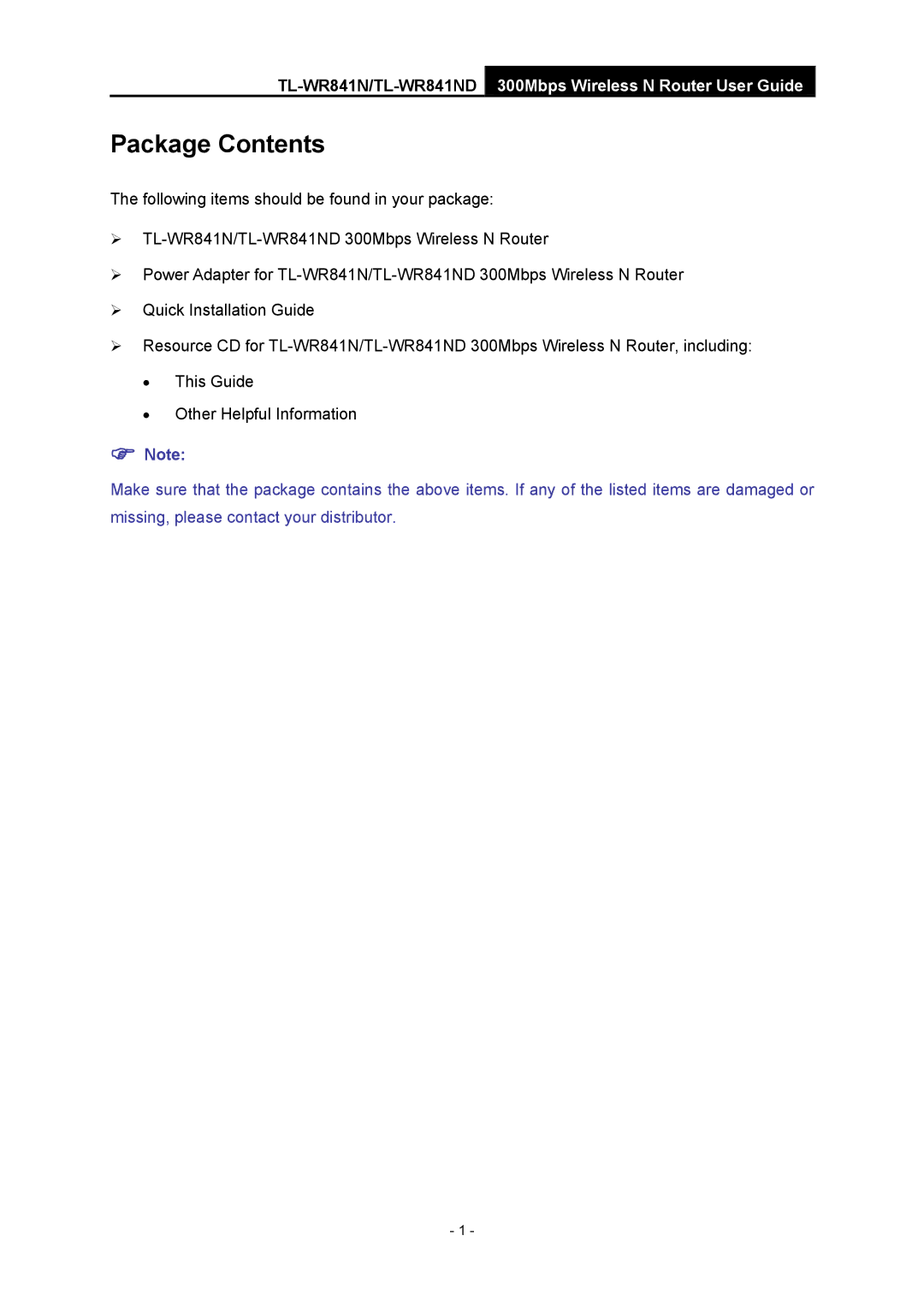 TP-Link 4.1.1 1910011002 manual Package Contents 