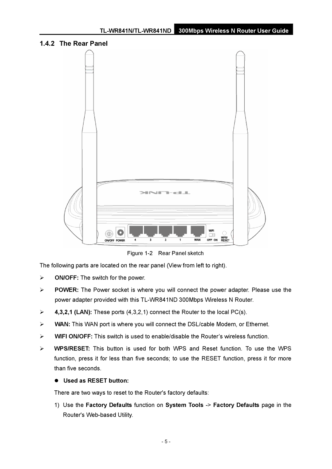 TP-Link 4.1.1 1910011002 manual Rear Panel, Used as Reset button 