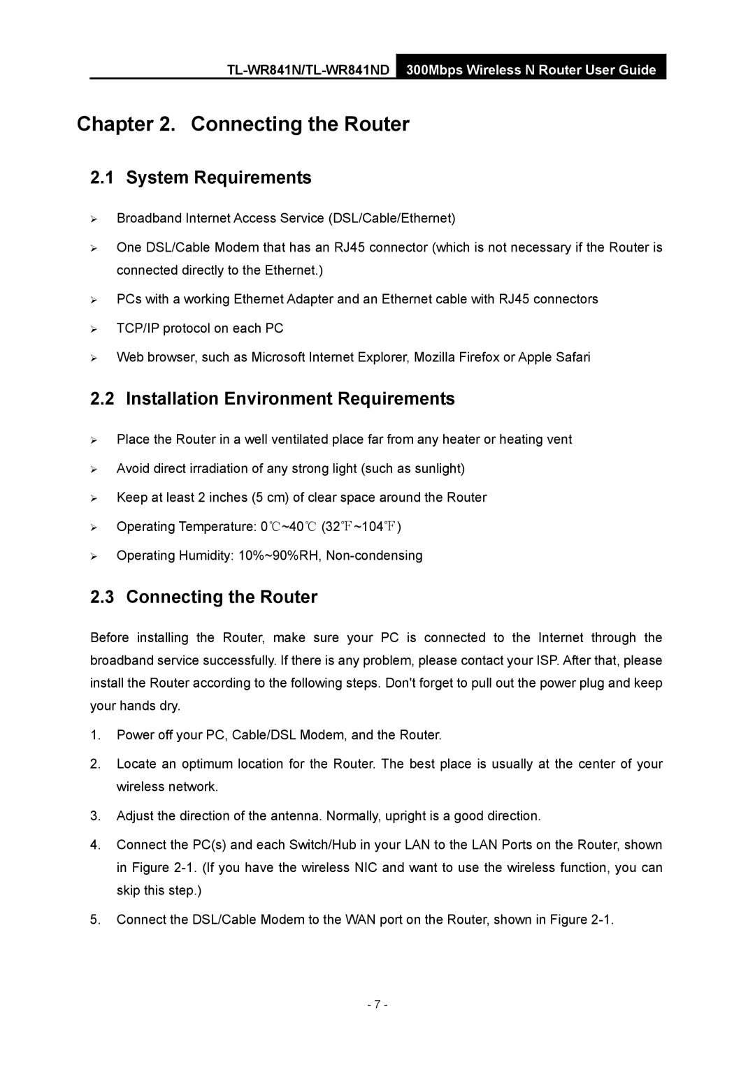 TP-Link 4.1.1 1910011002 manual System Requirements, Installation Environment Requirements, Connecting the Router 