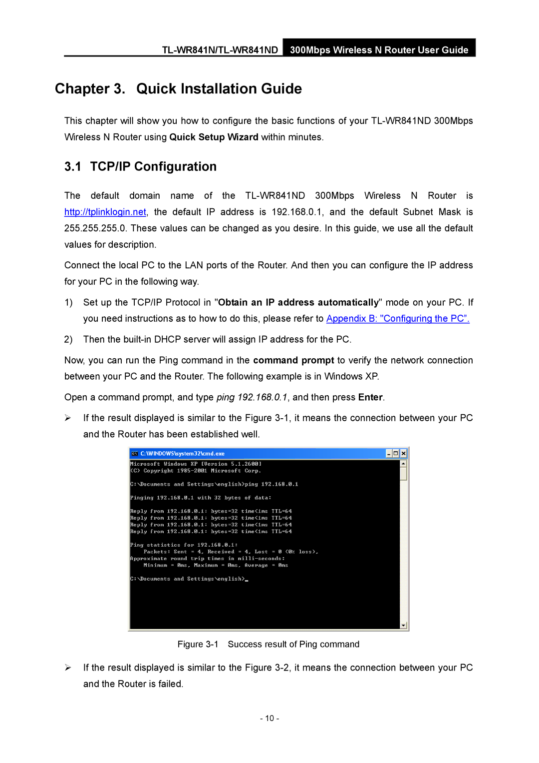 TP-Link 4.1.1 1910011002 manual Quick Installation Guide, TCP/IP Configuration 