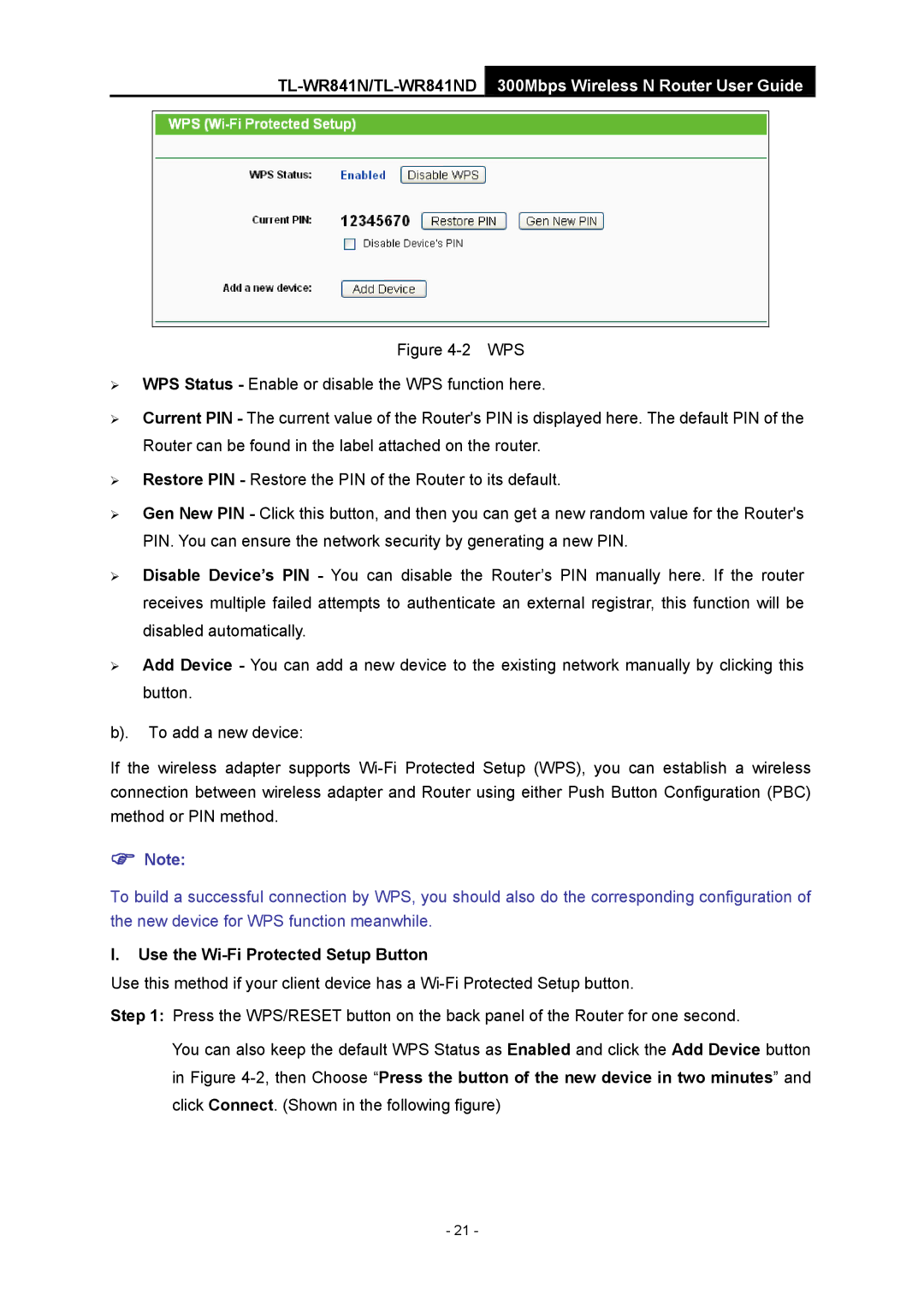 TP-Link 4.1.1 1910011002 manual Use the Wi-Fi Protected Setup Button 