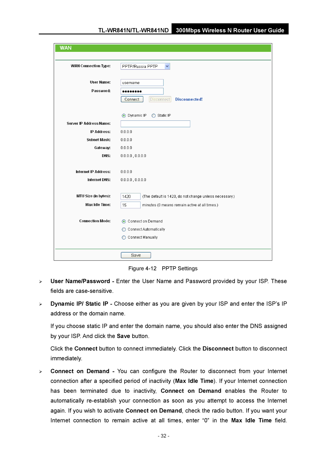 TP-Link 4.1.1 1910011002 manual Pptp Settings 