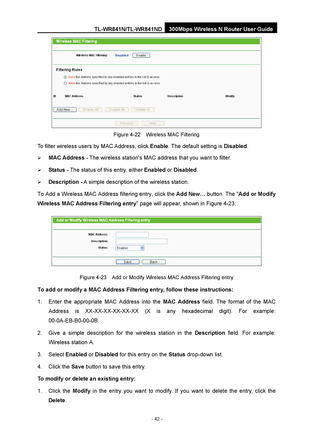 TP-Link 4.1.1 1910011002 manual To modify or delete an existing entry, Wireless MAC Filtering 