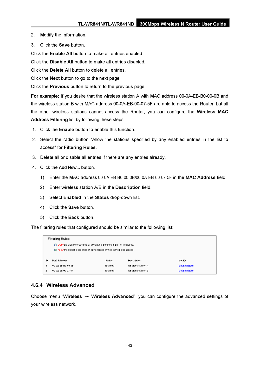 TP-Link 4.1.1 1910011002 manual Wireless Advanced 