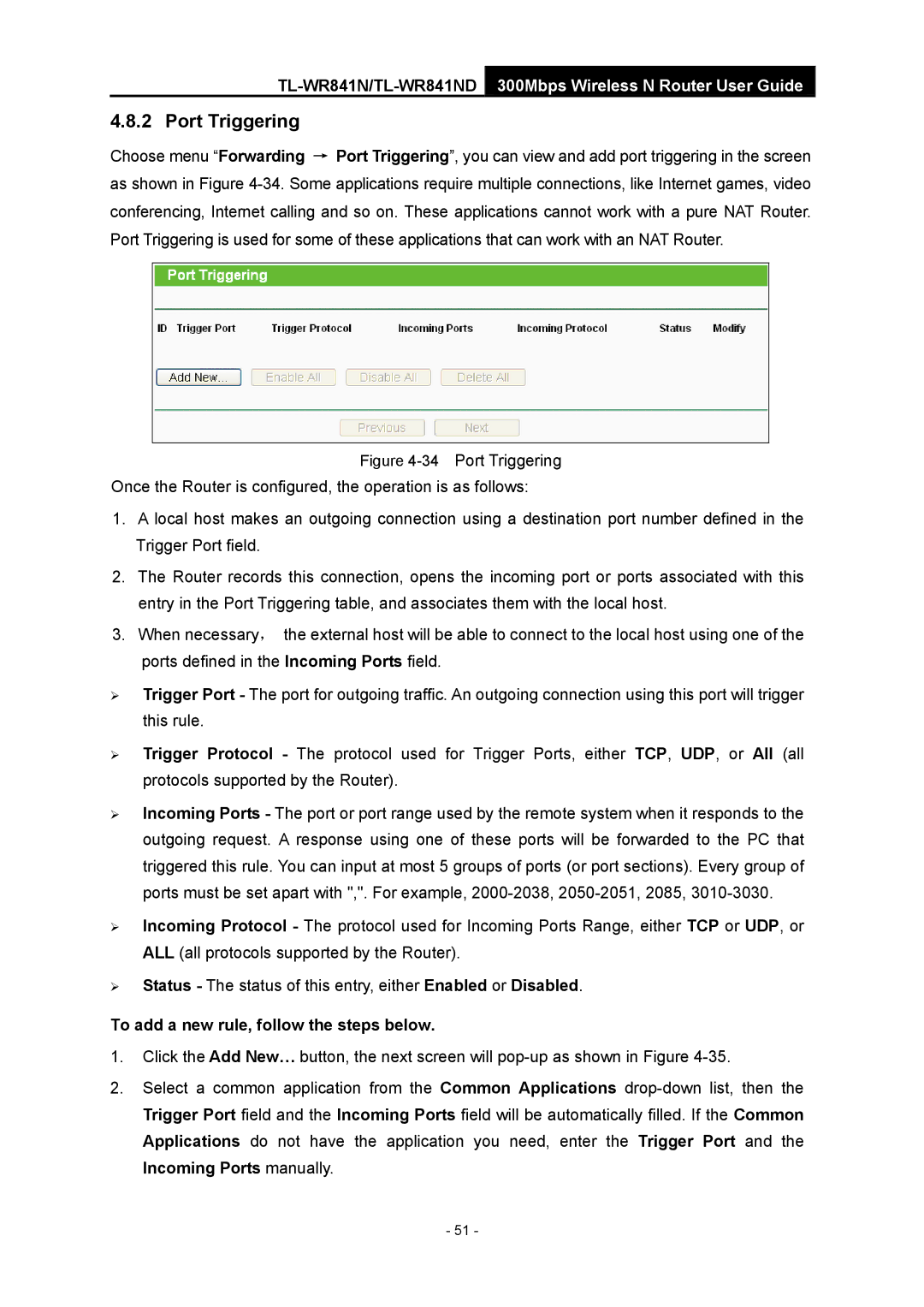 TP-Link 4.1.1 1910011002 manual Port Triggering, To add a new rule, follow the steps below 