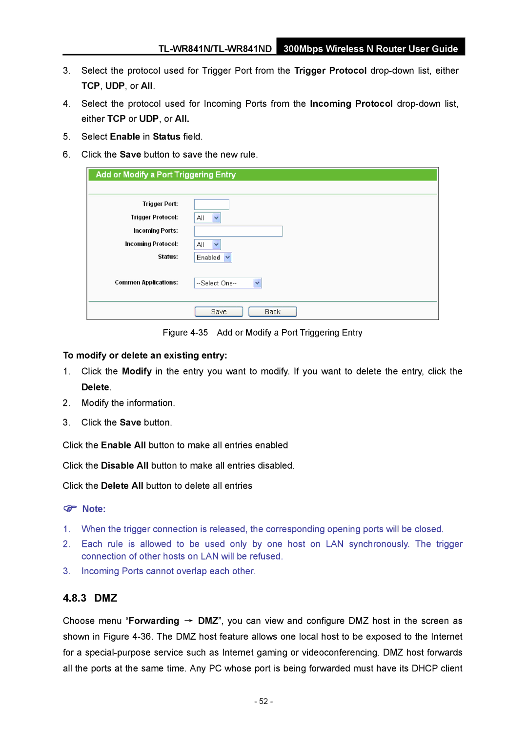 TP-Link 4.1.1 1910011002 manual 3 DMZ, Add or Modify a Port Triggering Entry 