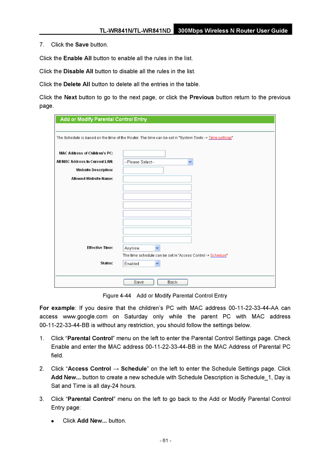 TP-Link 4.1.1 1910011002 manual Add or Modify Parental Control Entry 