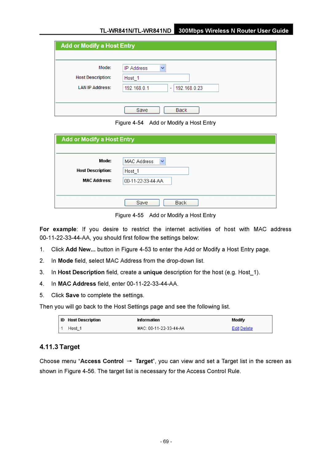 TP-Link 4.1.1 1910011002 manual Target, Add or Modify a Host Entry 