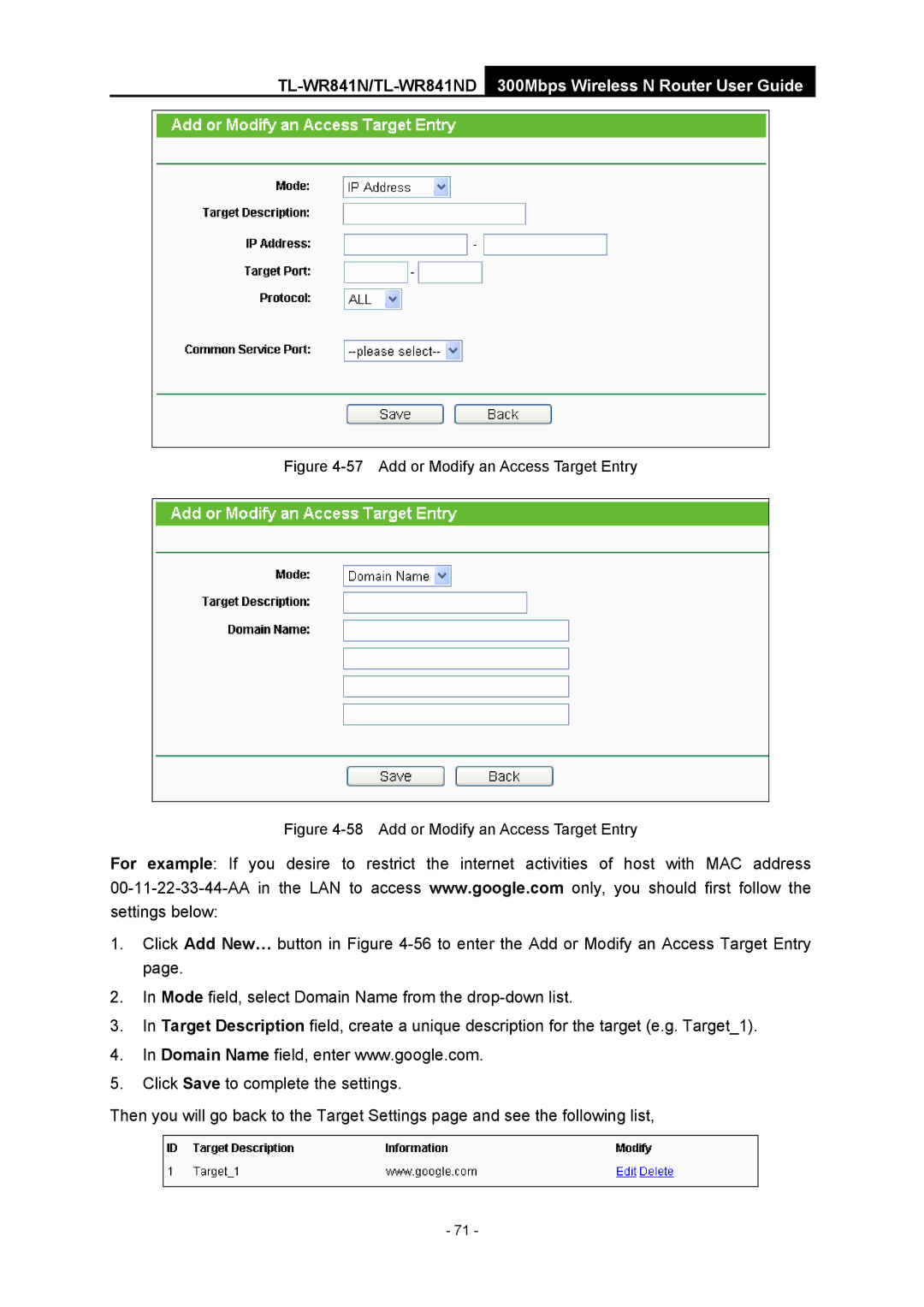 TP-Link 4.1.1 1910011002 manual Add or Modify an Access Target Entry 