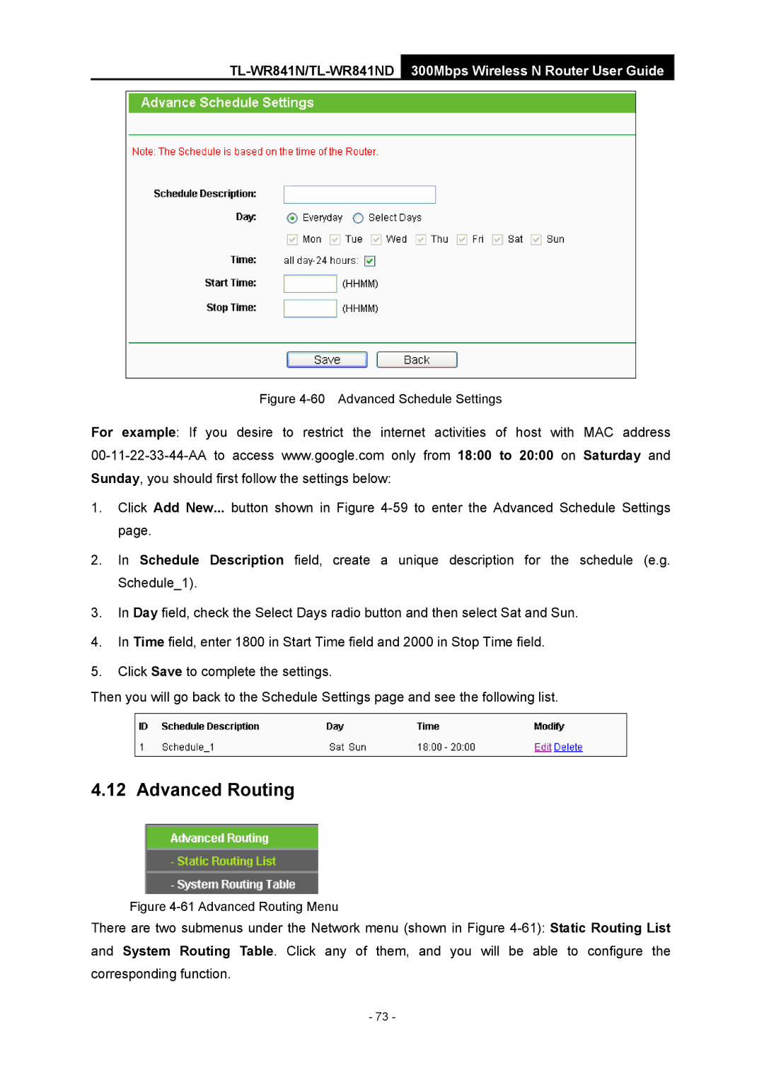 TP-Link 4.1.1 1910011002 manual Advanced Routing, Advanced Schedule Settings 