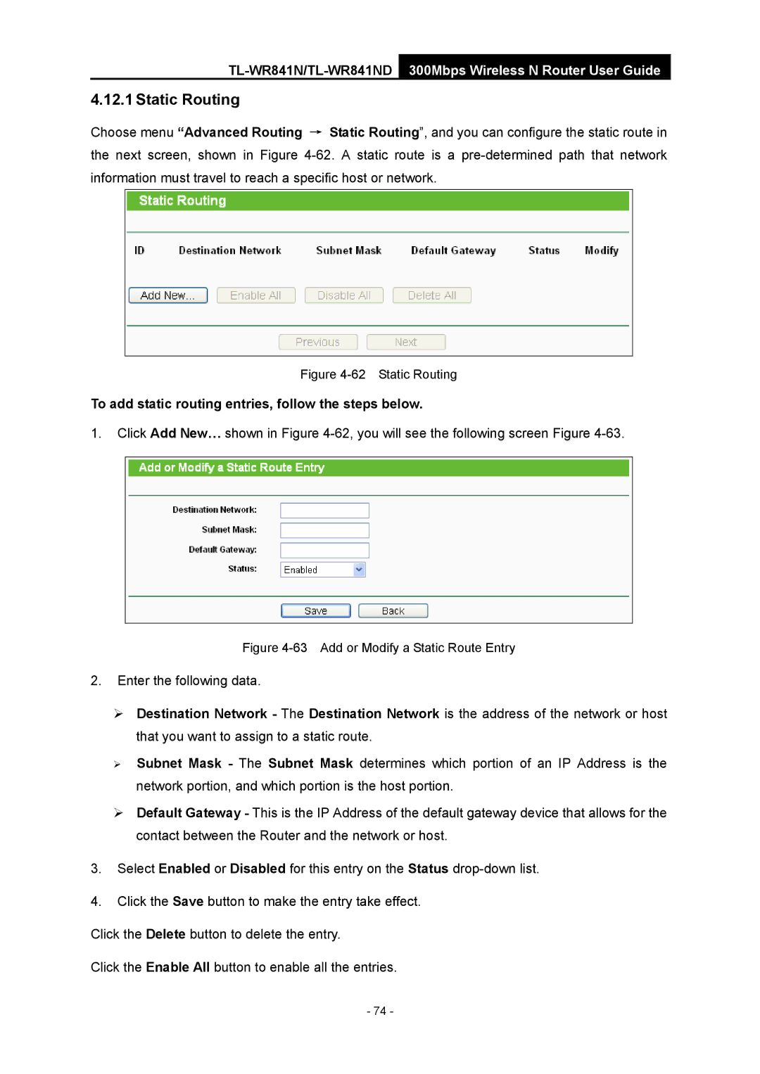 TP-Link 4.1.1 1910011002 manual Static Routing, To add static routing entries, follow the steps below 