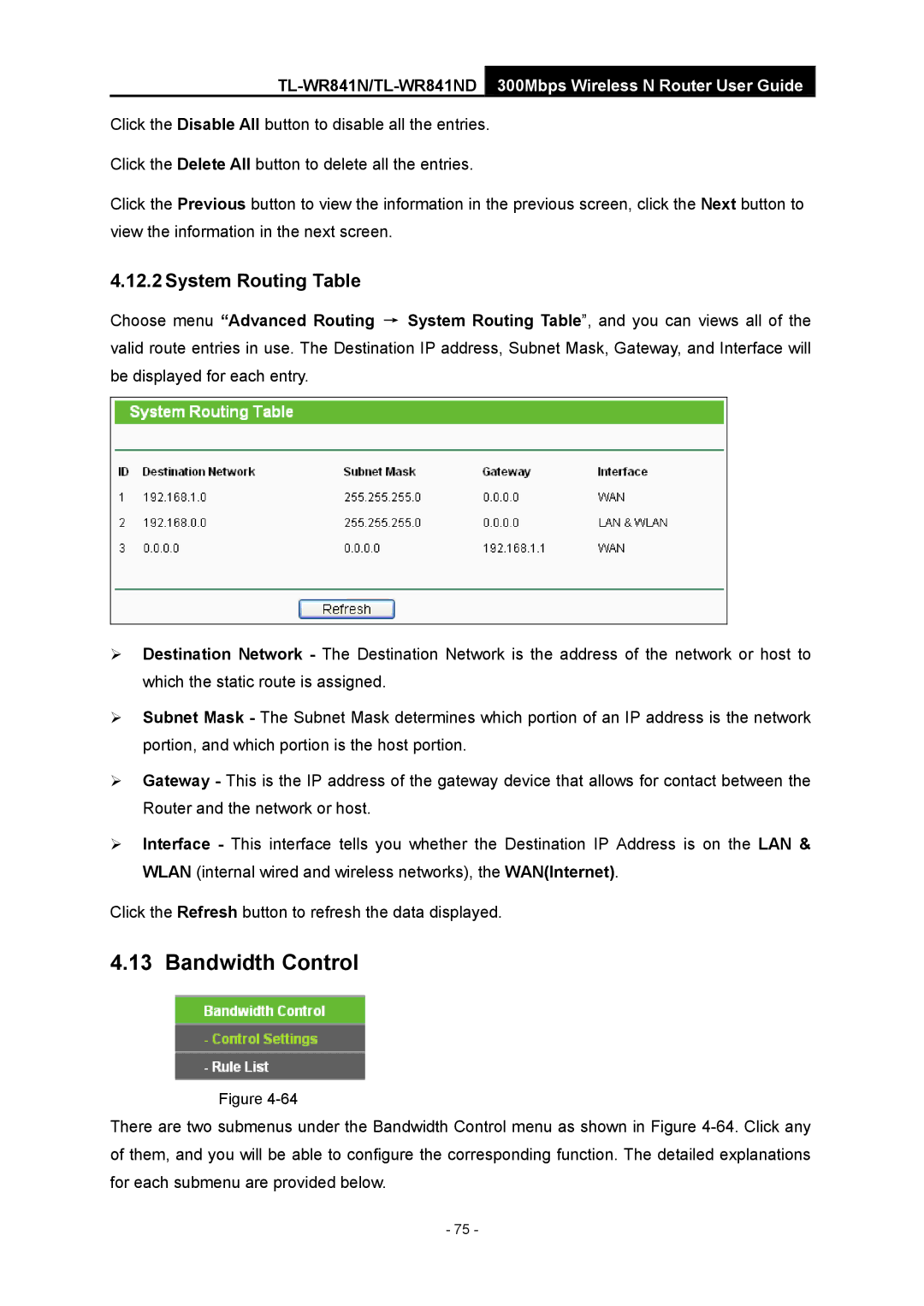 TP-Link 4.1.1 1910011002 manual Bandwidth Control, System Routing Table 