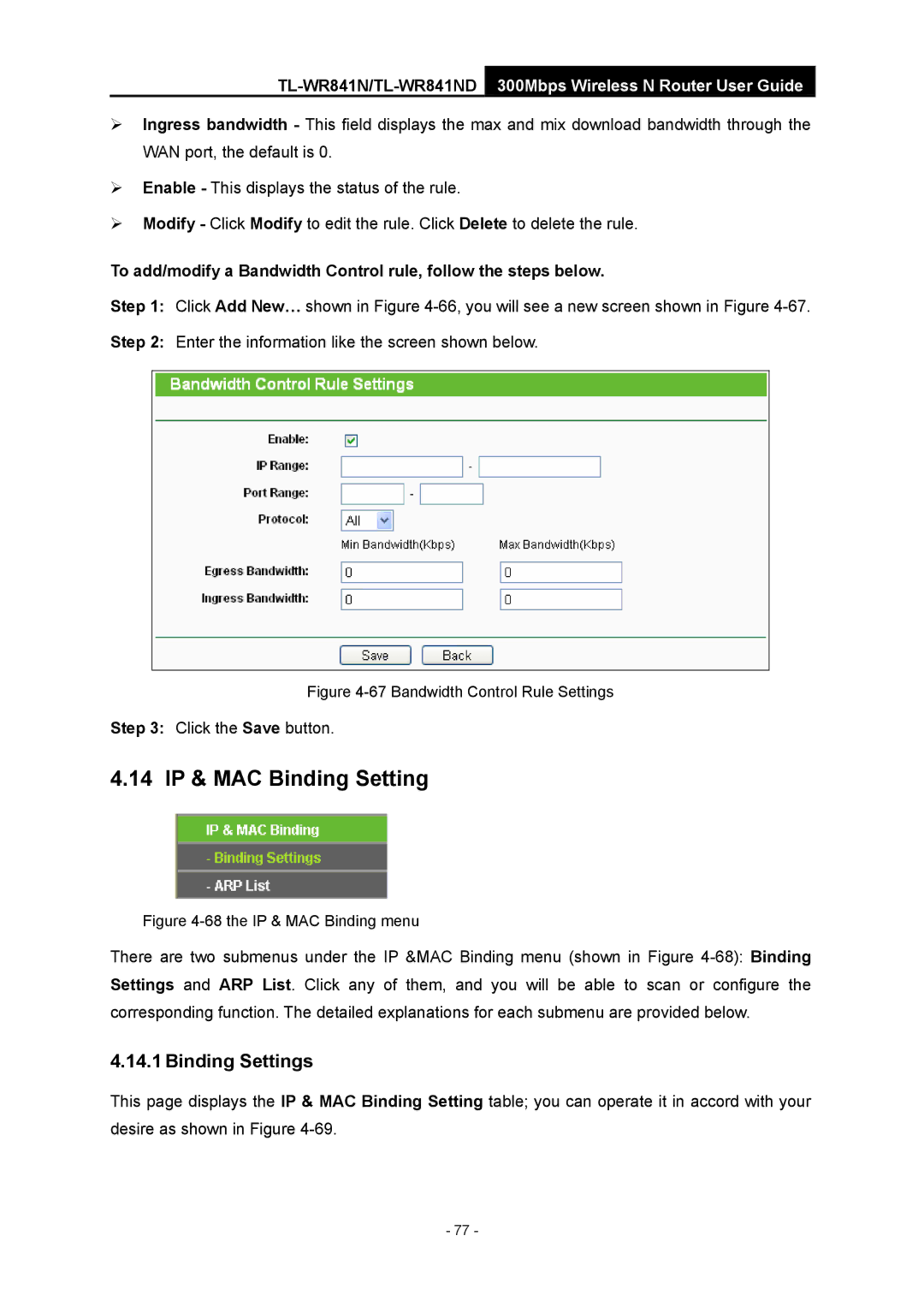 TP-Link 4.1.1 1910011002 manual 14 IP & MAC Binding Setting, Binding Settings 