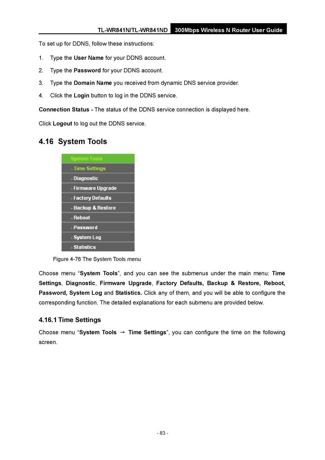 TP-Link 4.1.1 1910011002 manual System Tools, Time Settings 