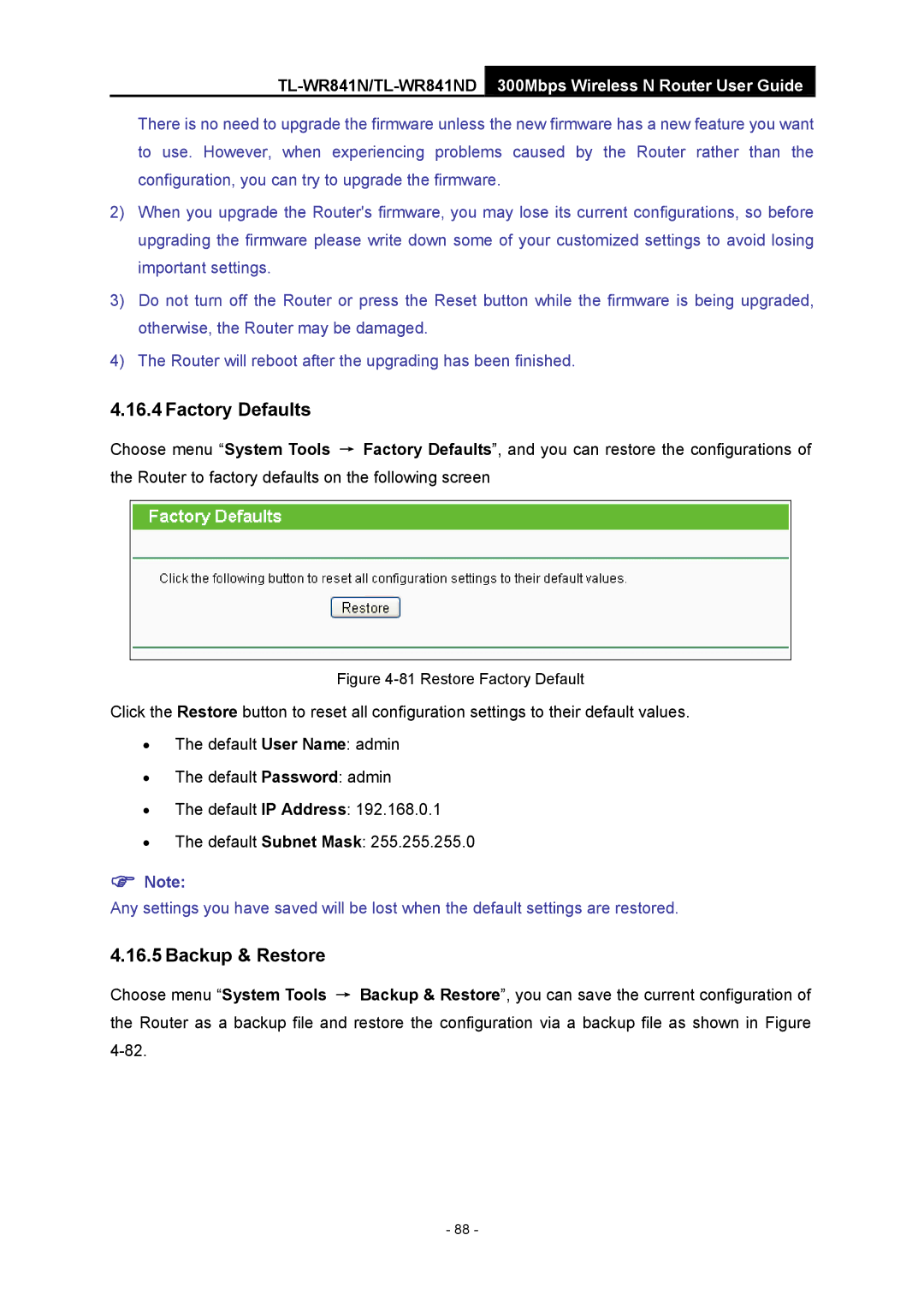 TP-Link 4.1.1 1910011002 manual Factory Defaults, Backup & Restore 