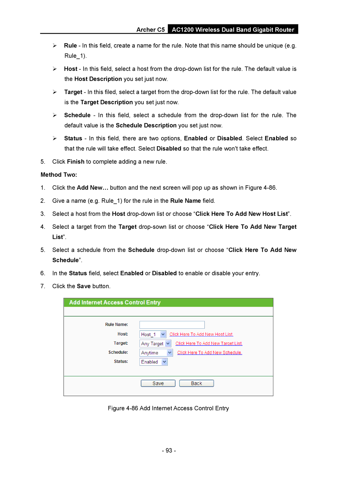 TP-Link AC1200 manual Method Two, Add Internet Access Control Entry 