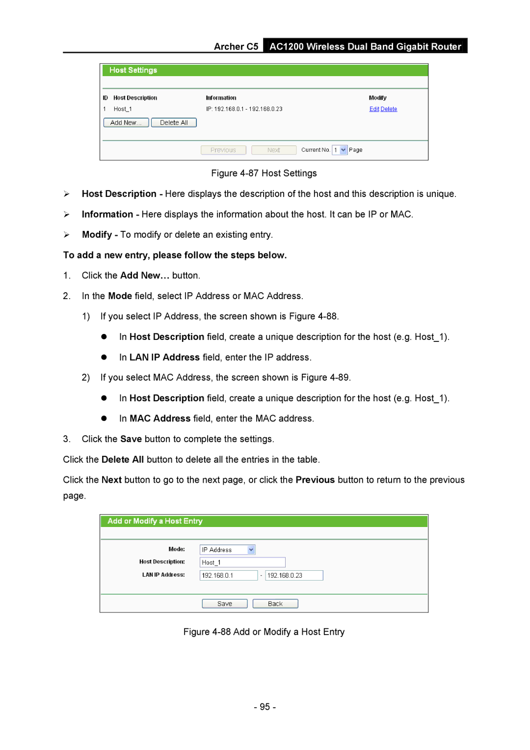 TP-Link AC1200 manual Add or Modify a Host Entry 