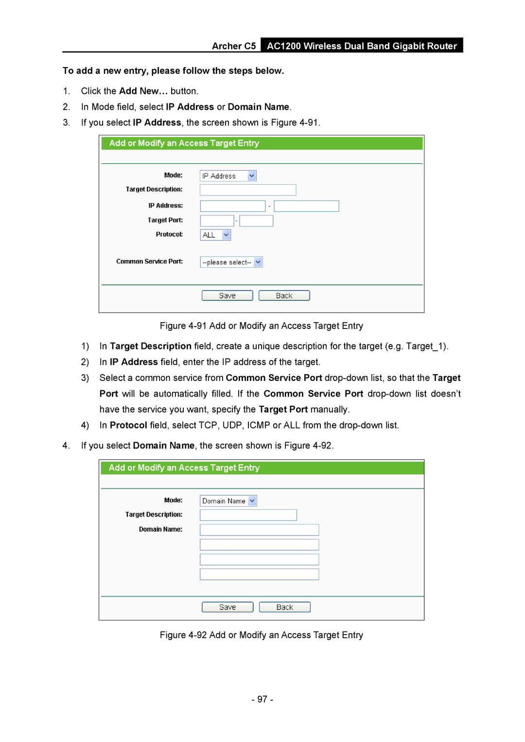 TP-Link AC1200 manual Add or Modify an Access Target Entry 