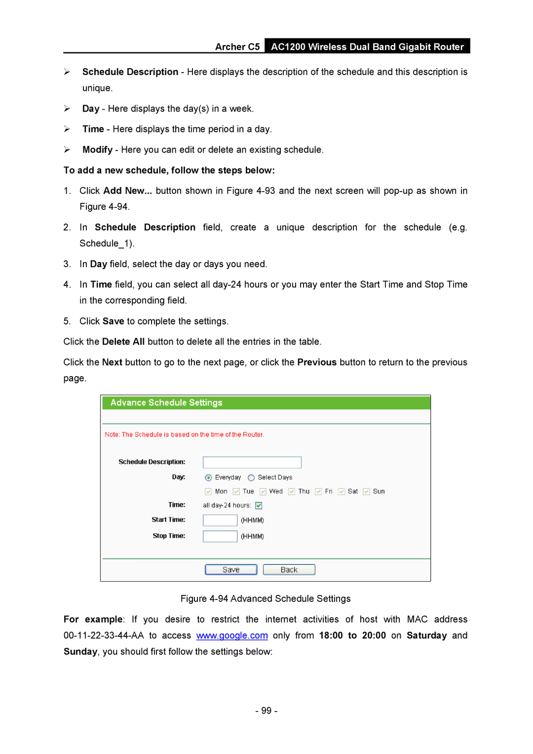 TP-Link AC1200 manual To add a new schedule, follow the steps below, Advanced Schedule Settings 