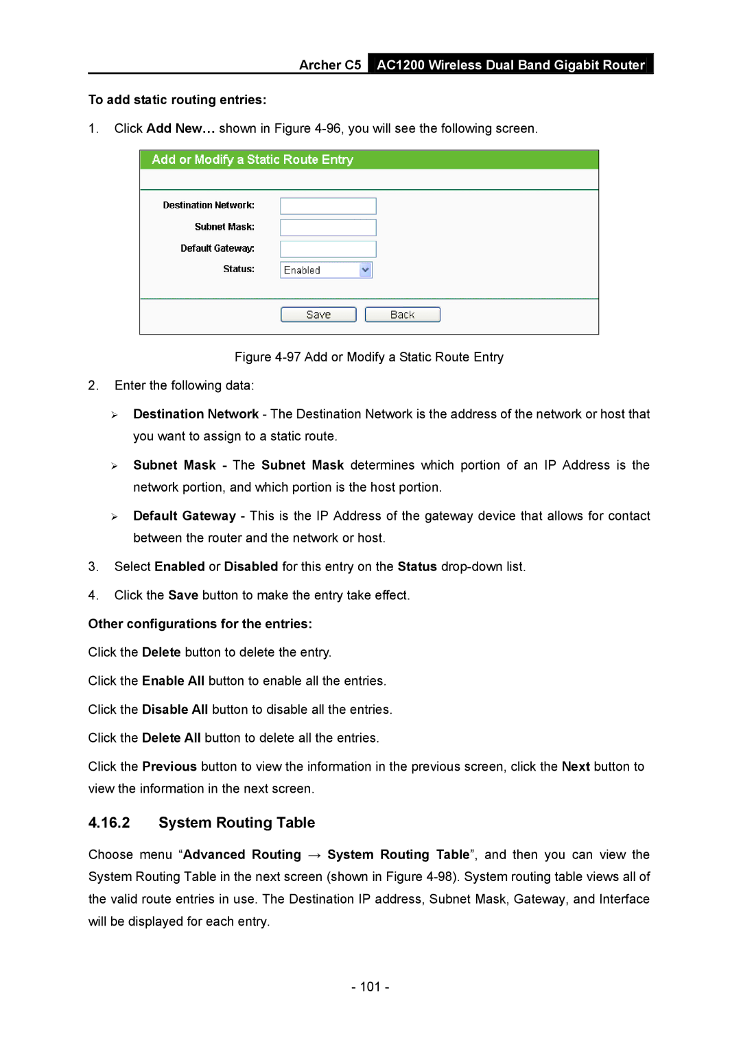 TP-Link AC1200 manual System Routing Table, To add static routing entries, Other configurations for the entries 