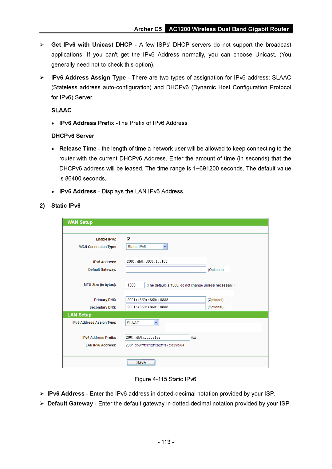 TP-Link AC1200 manual DHCPv6 Server, Static IPv6 