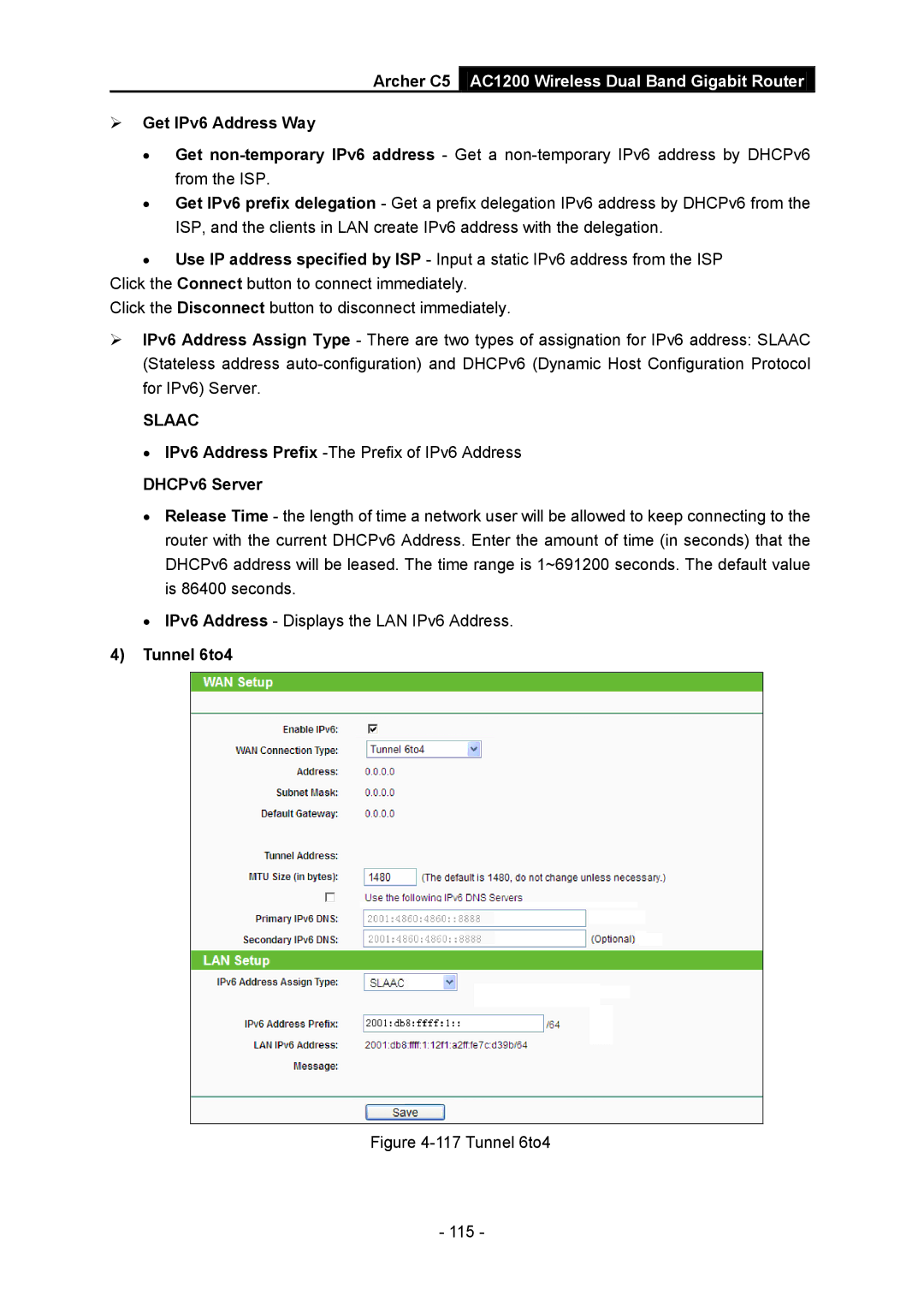 TP-Link AC1200 manual  Get IPv6 Address Way, Tunnel 6to4 