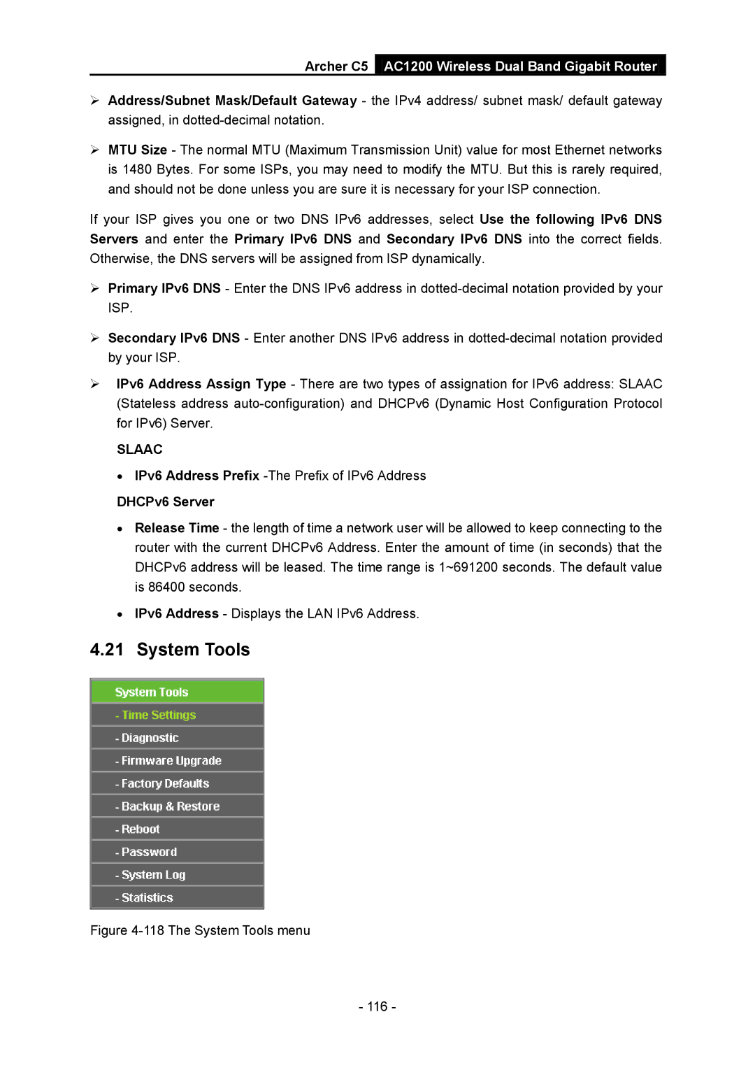 TP-Link AC1200 manual The System Tools menu 116 