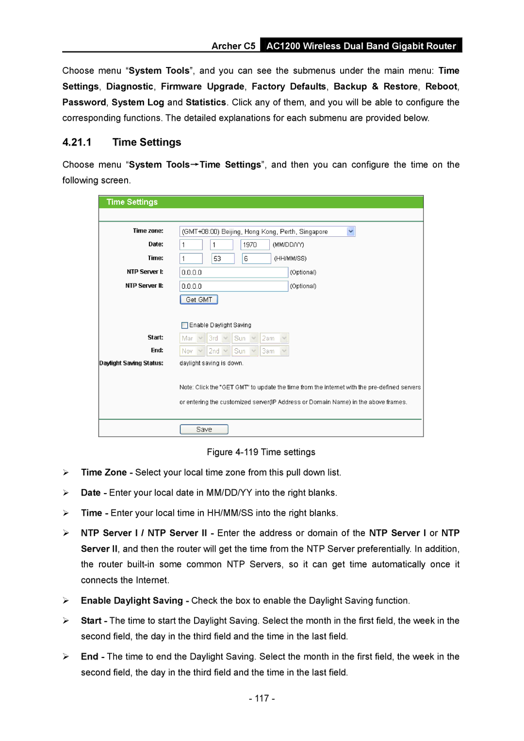 TP-Link AC1200 manual Time Settings 