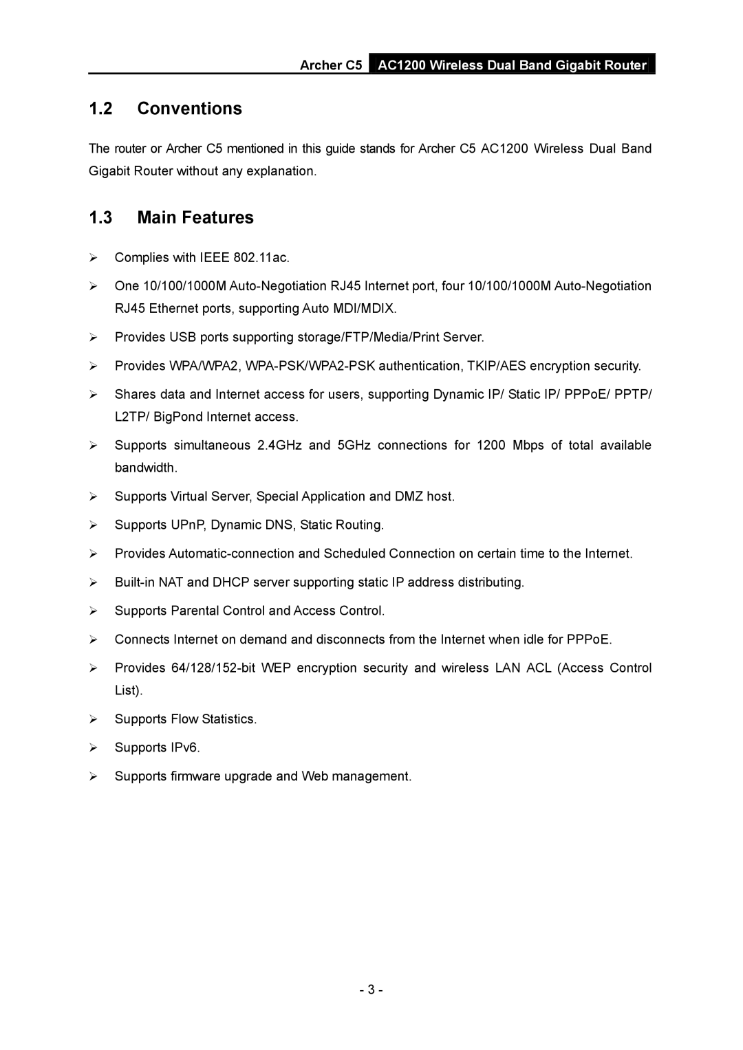 TP-Link AC1200 manual Conventions, Main Features 