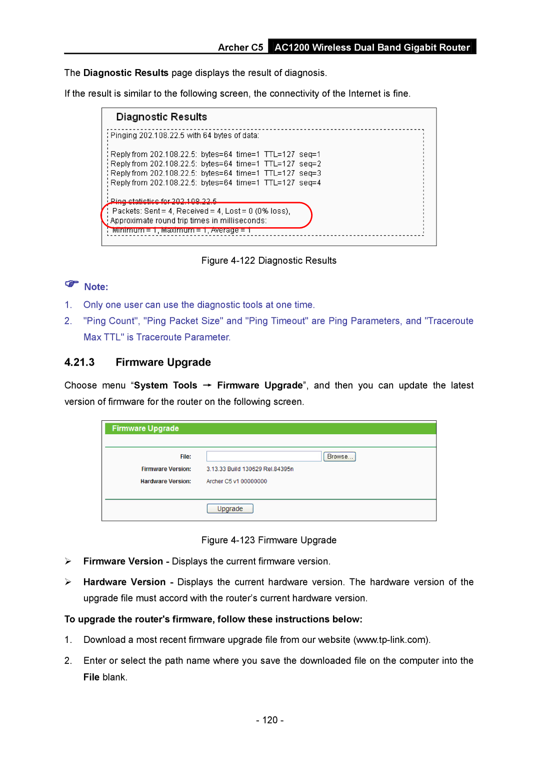 TP-Link AC1200 manual Firmware Upgrade, Diagnostic Results 