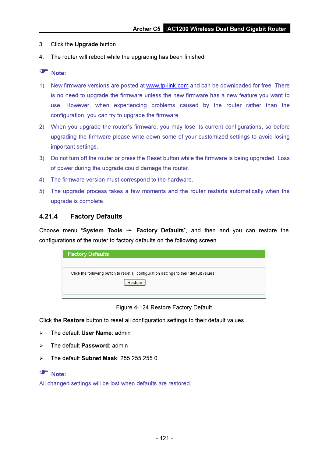 TP-Link AC1200 manual Factory Defaults 