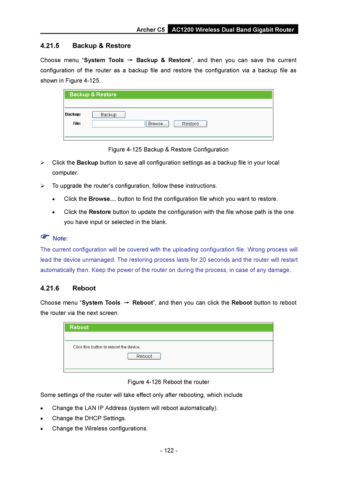 TP-Link AC1200 manual Backup & Restore, Reboot 