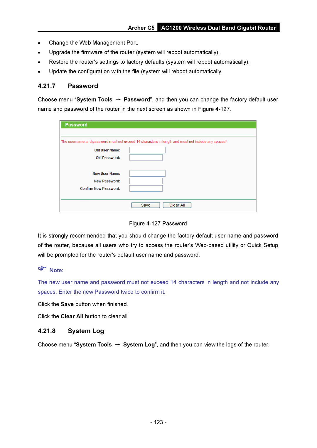 TP-Link AC1200 manual Password, System Log 