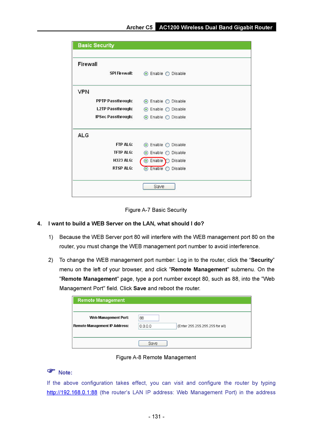 TP-Link AC1200 manual Figure A-7 Basic Security, Want to build a WEB Server on the LAN, what should I do? 