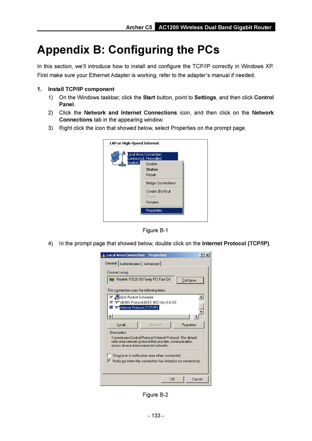 TP-Link AC1200 manual Appendix B Configuring the PCs, Install TCP/IP component 
