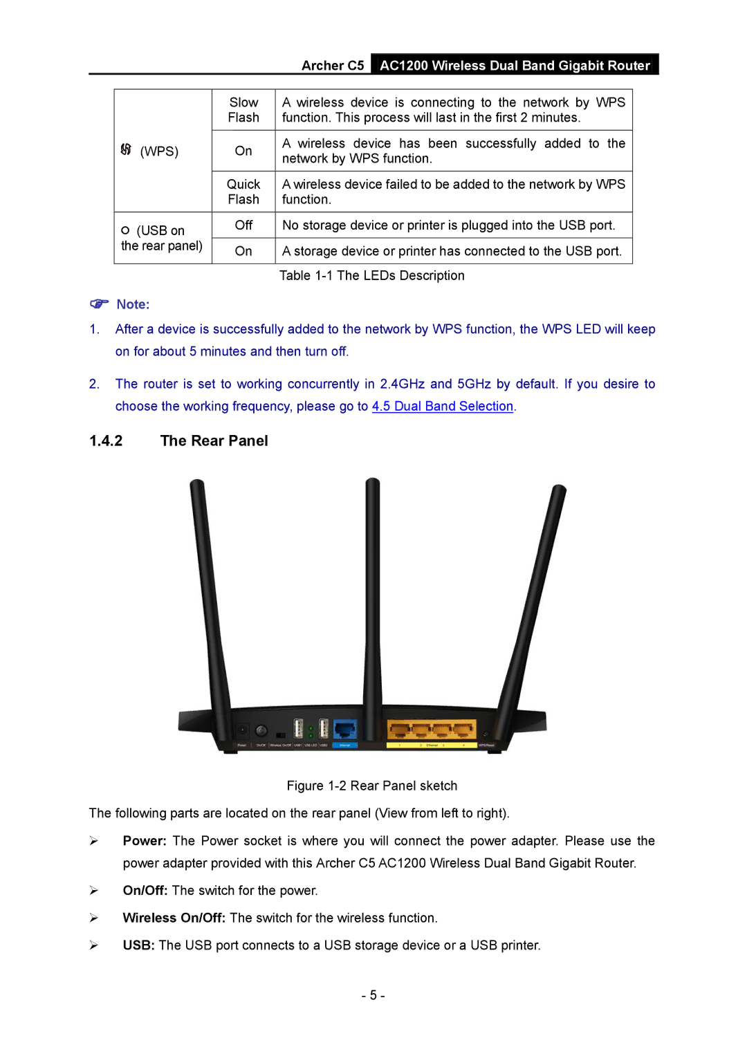 TP-Link AC1200 manual Rear Panel, Archer C5 