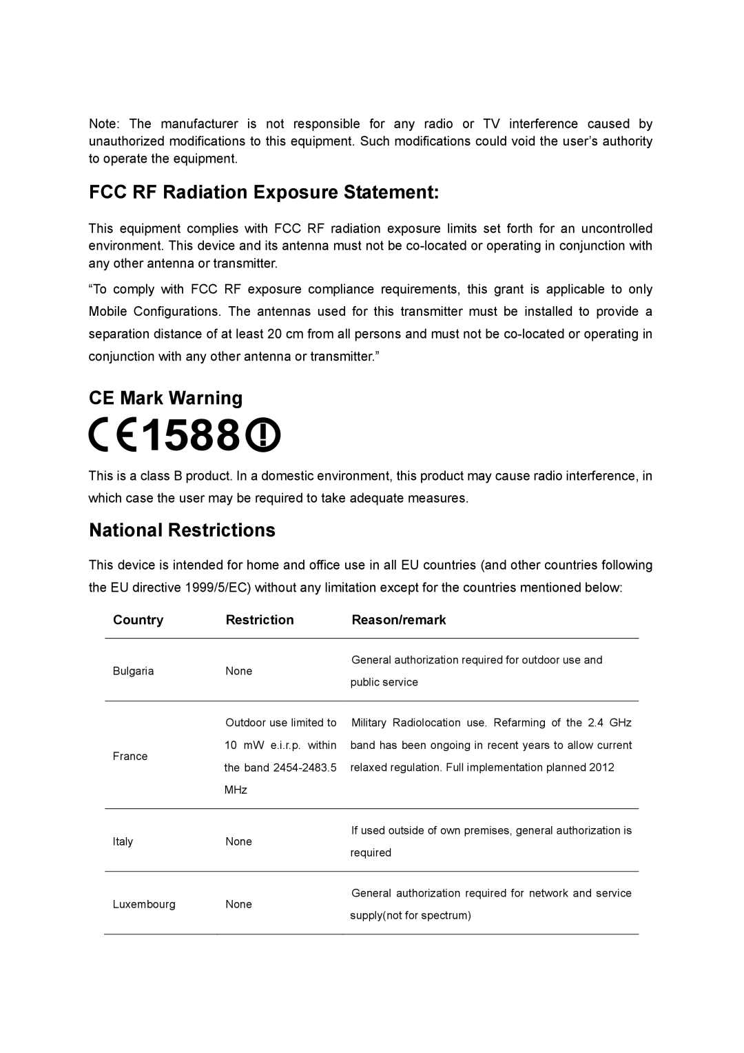 TP-Link AC1200 manual FCC RF Radiation Exposure Statement, Country Restriction Reason/remark 