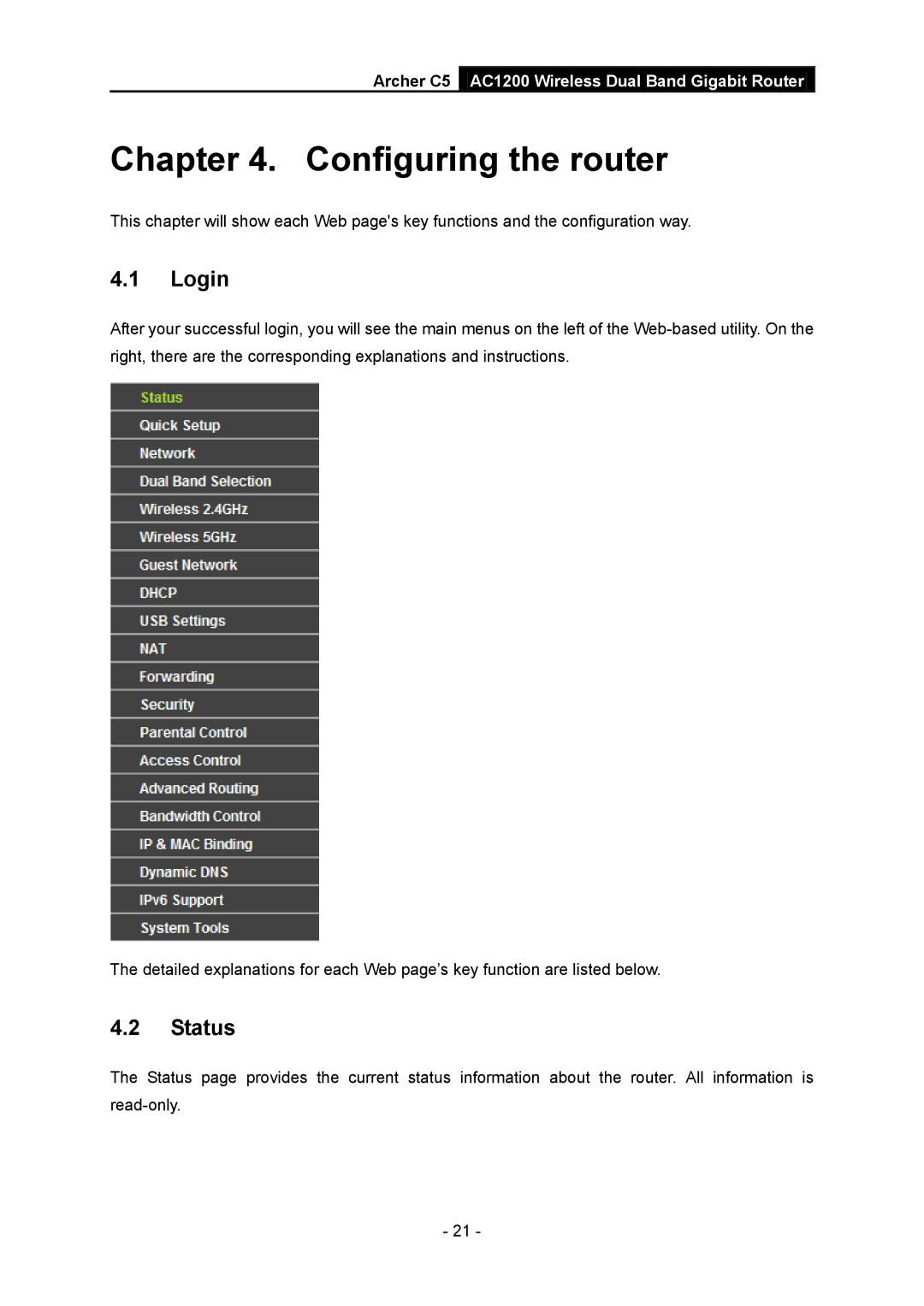 TP-Link AC1200 manual Login, Status 