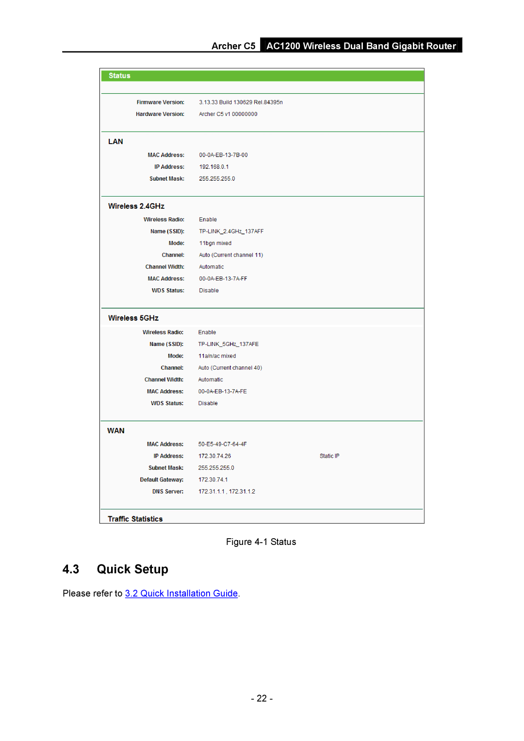 TP-Link AC1200 manual Quick Setup, Status 